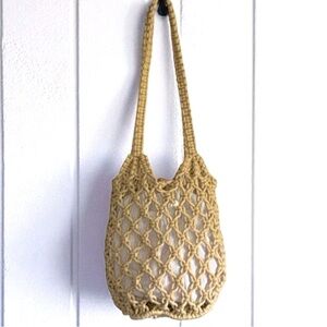 Summer Crochet Rope Shoulder Bag Tote with Drawstring Insert in Tan